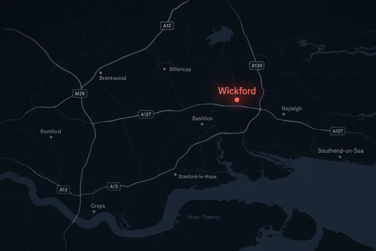 Map showing Wickford and the surrounding Essex area.